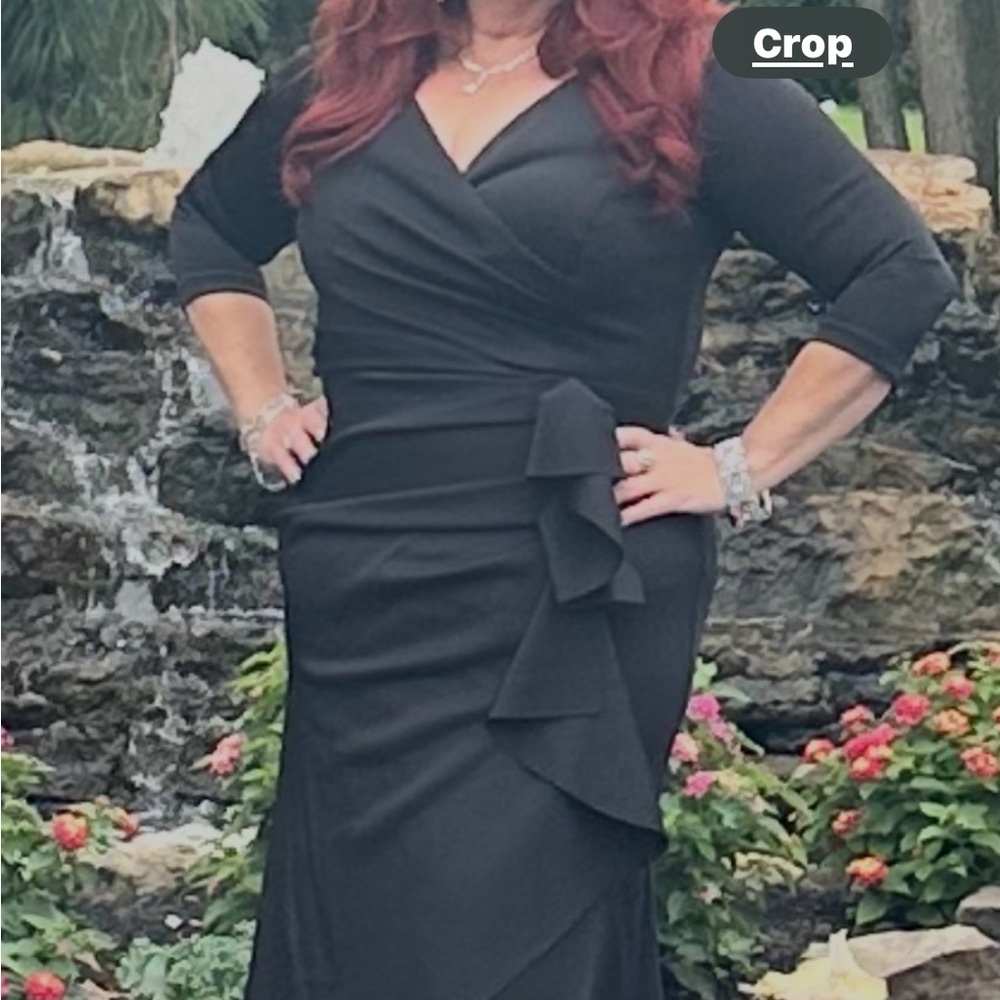 Xscape Elegant Black Ruffle Maxi Dress 3/4 sleeve